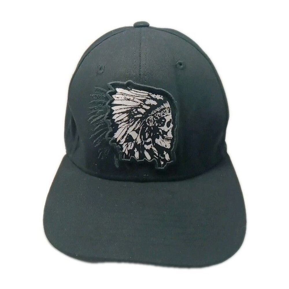 Top Level Skull Indian Face and Feathers Snapback Hat Black